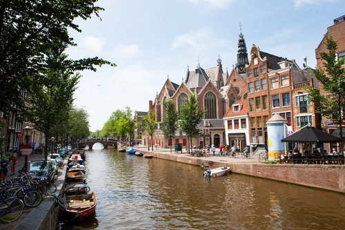 река, амстердам, европа, город, архитектура, зеленые, синие, серые
