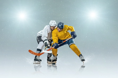 хоккей, спорт, хоккеисты, униформа, лёд, клюшки, серые, белые, жёлтые
