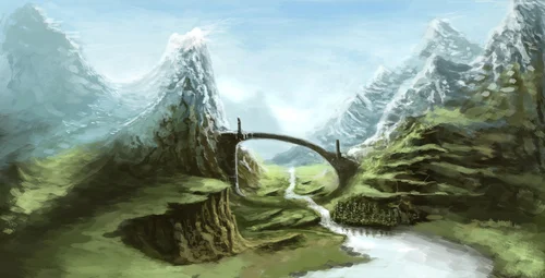 мост, горы, река, фэнтези, 2д, арт, зеленые, синие, белые