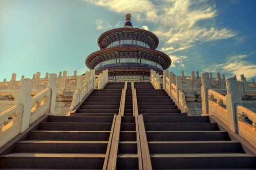 пекин, храм, небо, лестница, исторический, Азия, Китай, путешествия, симметрия, перспектива, архитектура, бежевый, бежевые, коичневый, коричневые, голубой, голубые