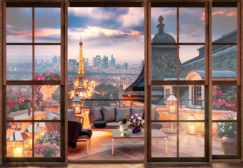 париж, эйфелева башня, вид на город, окно, балкон, дома, коричневые, серые