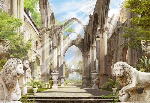 арка, лев, статуя, колонна, развалины, руины, бежевые, зеленые