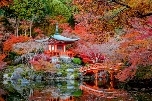 япония, дом, минка, мост, деревья, лес, река, красные, зелёные