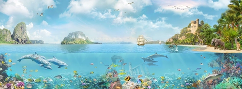 море, детские, подводный мир, рыбы, корабль, дельфины, синий, желтый, зеленый, голубой, водоросли, медуза, замок, пальмы, жираф, слон, животные, кораллы, чайки, небо, панорама