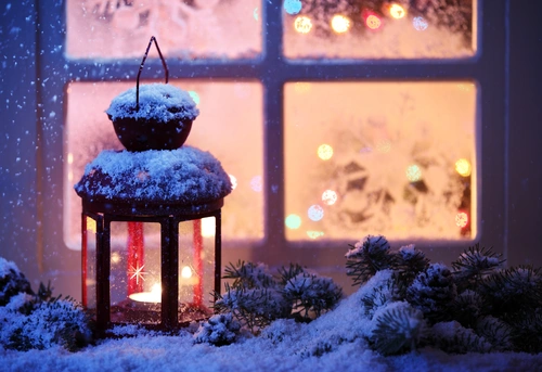 фонарь, новый год, снег, зима, стекло, синие, желтые