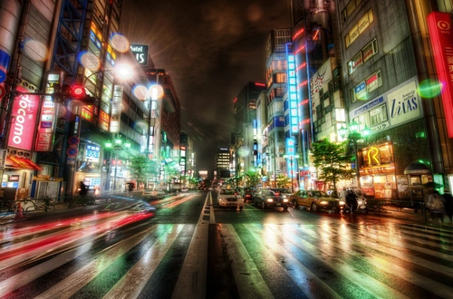япония, улица, длительная выдержка, ночь, синие, красные, желтые
