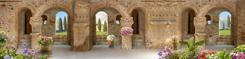каменные стены, арки, вазы, цветы, кипарисы, бежевые, зелёные, панорама