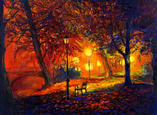 рисунок, парк, осень, вечер, деревья, листья, фонари, чёрные, оранжевые, красные