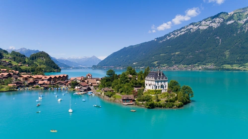 полуостров, озеро, швейцария, природа, синие, зеленые, белые