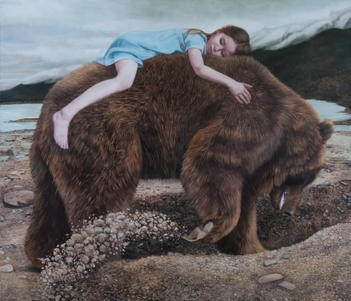 медведь, ребенок, животные, коричневые, голубые, белые, картина
