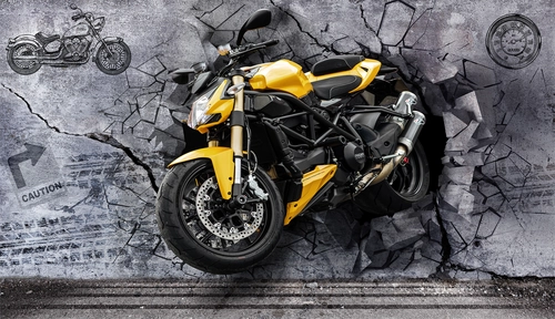 мотоцикл, стена, пролом, серые, чёрные, жёлтые