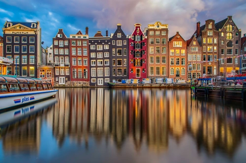 амстердам, нидерланды, здания, дома, водный канал, серые, жёлтые