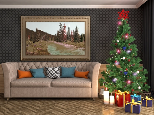 елка, рождество, интерьер, комната, диван, зеленые, красные, бежевые