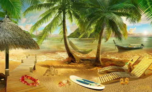 Пляж, Пляж под пальмами, Пальмы, Море, Лежаки, Лодка, Гамак, Остров, эксклюзивные, Зеленые, Доска для серфинга, серф, Мостик, Песок, Песчанный пляж