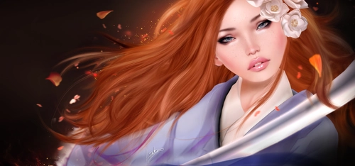 рисунок, девушка с рыжими волосами, цветы, кимано, коричневые, голубые, бежевые
