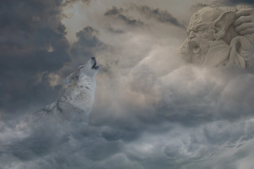 волк, облака, тучи, скульптура, белые, бежевые, серые