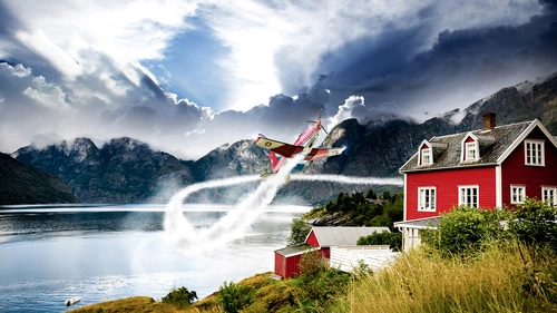 швейцария, озеро, горы, домик, самолет, красные