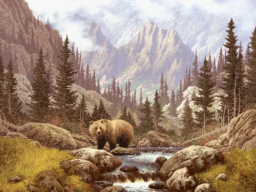 река, горы, лес, природа, медведь, коричневые, зеленые, серые
