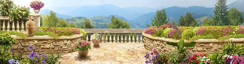 балкон, газоны, цветы, вазы, горы, холмы, деревья, зелёные, голубые, бежевые, панорама