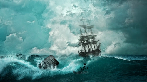 шторм, море, корабль, волны, бочка, якорь, синие, белые