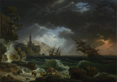 шторм, корабли, тучи, океан, черные, коричневые, серые, картина, живопись