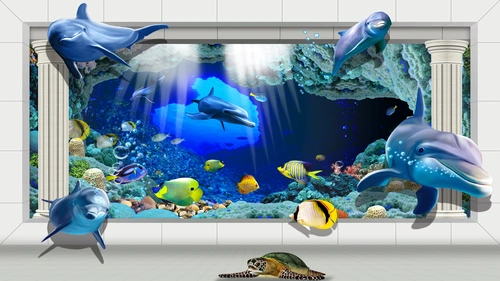 детские, аквариум, рыбы, вода, черепаха, колонны, синие, бежевые