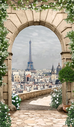 Париж, эйфелева башня, арка, цветы, зелень, город, дома, бежевые серые, зеленые