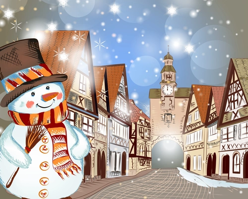 снеговик, зима, улица, дома, город, для детей, белые, красные, коричневые