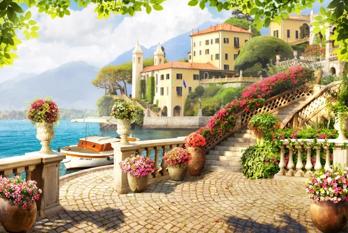 лодка, берег, лестница, ваза, цветы, голубые, бежевые, коричневые, зеленые, HD