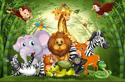 детские, животные, бамбук, зелёные, жёлтые, зебры, лев, слон, жирафы
