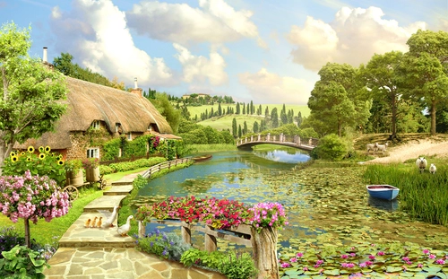 дом, река, мост, деревья, кувшинки, зеленые, голубые, коричневые, HD