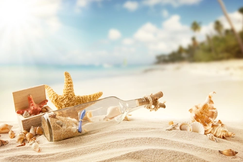 пляж, лето, песок, бутылка, послание, ракушки, морская звезда, голубые, бежевые