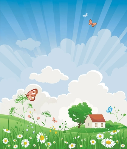 детские, голубой, салатовый, домик, полянка, лужайка с цветами, ромашка, ромашковое поле, бабочки, бабочка