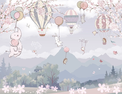 детские, звери, воздушные шары, полёт, деревья, лес, цветы, голубые, розовые