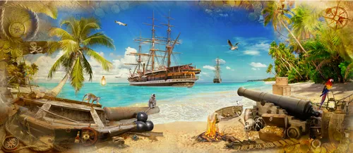 остров сокровищ, пираты, детские, попугай, корабль, пушка, обезьяна, пальма, пальмы, море, пляж