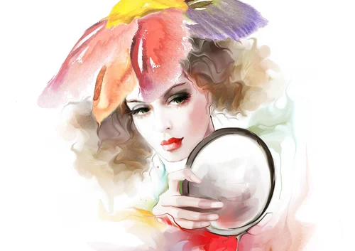 рисунок, девушка, шатенка, шляпка, зеркальце, красные, белые, коричневые