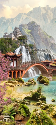 мост, водопад, сакура, Япония, Китай, горы, гора, вода, река, замок, зелень, растительность, пейзаж, желтые, зеленые, бежевые, голубые