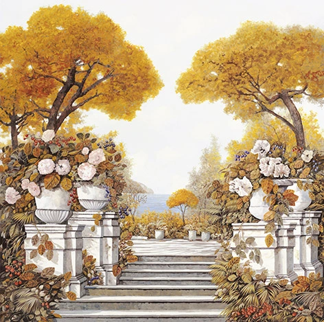 парк, осень, деревья, цветы, кашпо, ступени, ступеньки, лестница, оранжевые