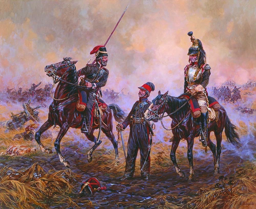 всадник, кавалерист, пехота, сражение, поле боя, картина, живопись, розовые, бежевые, черные, серые