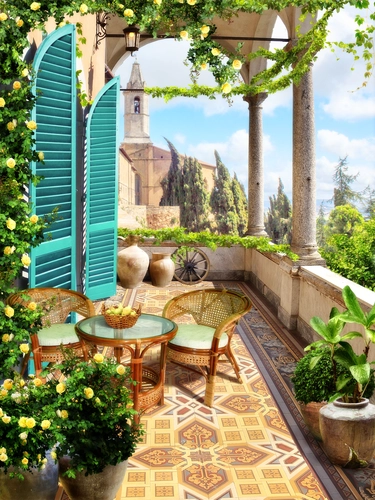 балкон, столик, стулья, цветы, растения, деревья, бежевые, зелёные