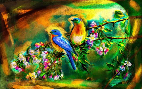 птицы, ветка, картина, искусство, нейросеть, красные, желтые, коричневые, зеленые