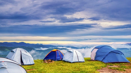 туризм, спорт, палатки, кемпинг, лагерь, экспедиция, туман, голубые, синие, зеленые