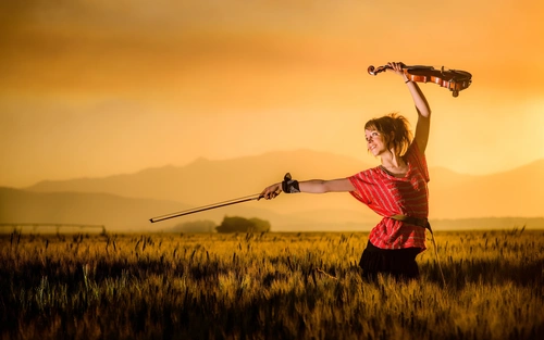 девушка, скрипачка, небо, поле, трава, скрипка, бежевые, коричневые