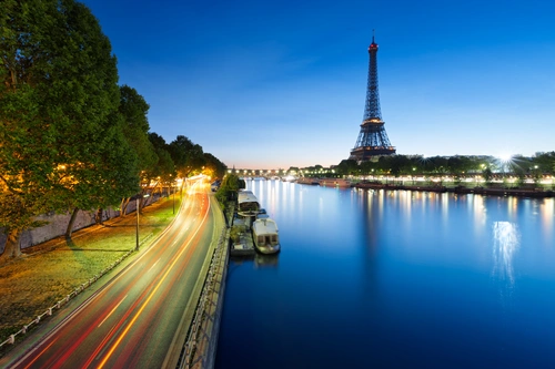 париж, река, франция, эйфелева башня, рассвет, синие, зеленые, огни, желтые