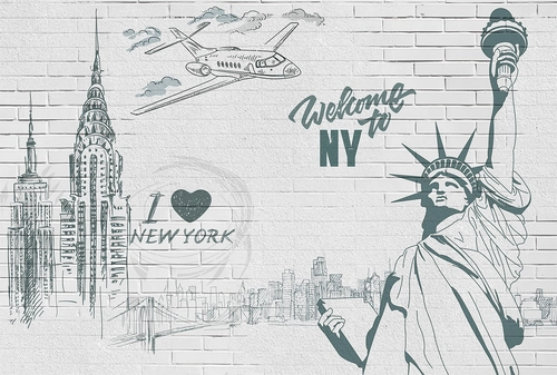 статуя свободы, небо, самолёт, надписи, нью йорк, серые