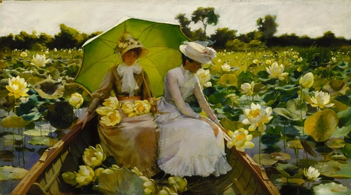классическая живопись, Чарльз Кортни Каран, импрессионизм, лотосы, лодка, две женщины, зелёные, жёлтые