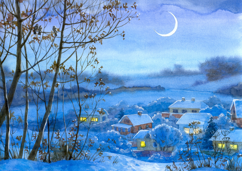 рисунок, деревня, дома, снег, зима, деревья, луна, голубые, коричневые