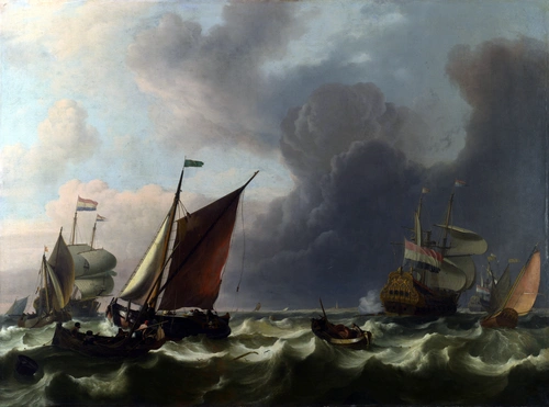шторм, облака, океан, корабли, черные, коричневые, бежевые, картина, живопись