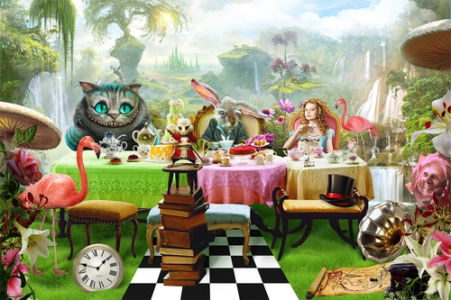 Алиса в стране чудес, сказка, детские, лес, девочка, Алиса, дремучий лес, чеширский кот, книга, книги, туман, зеленый, коричневый, стол, чаепитие, розовый фламинго