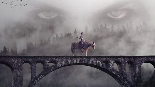 фэнтези, мост, девушка на коне, туман, взгляд, лес, птицы